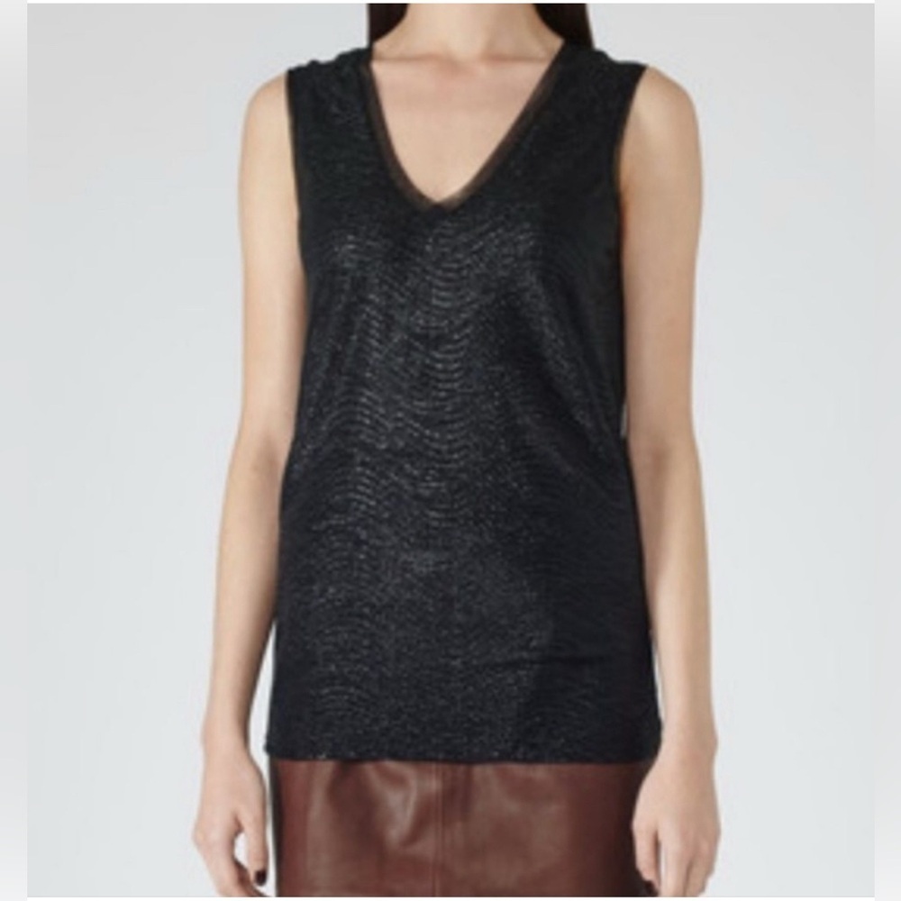Reiss Ona Black Sleeveless MetalicTank Top with V-Neck- extra small